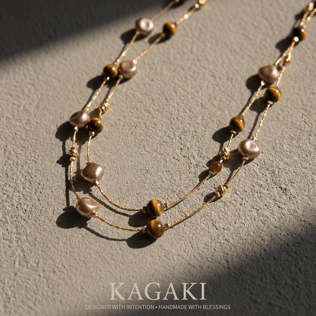 KAGAKI tiger eye pearl layered necklace in tiger-eye gold and pearl, pendant detail, for daily wear and gifting