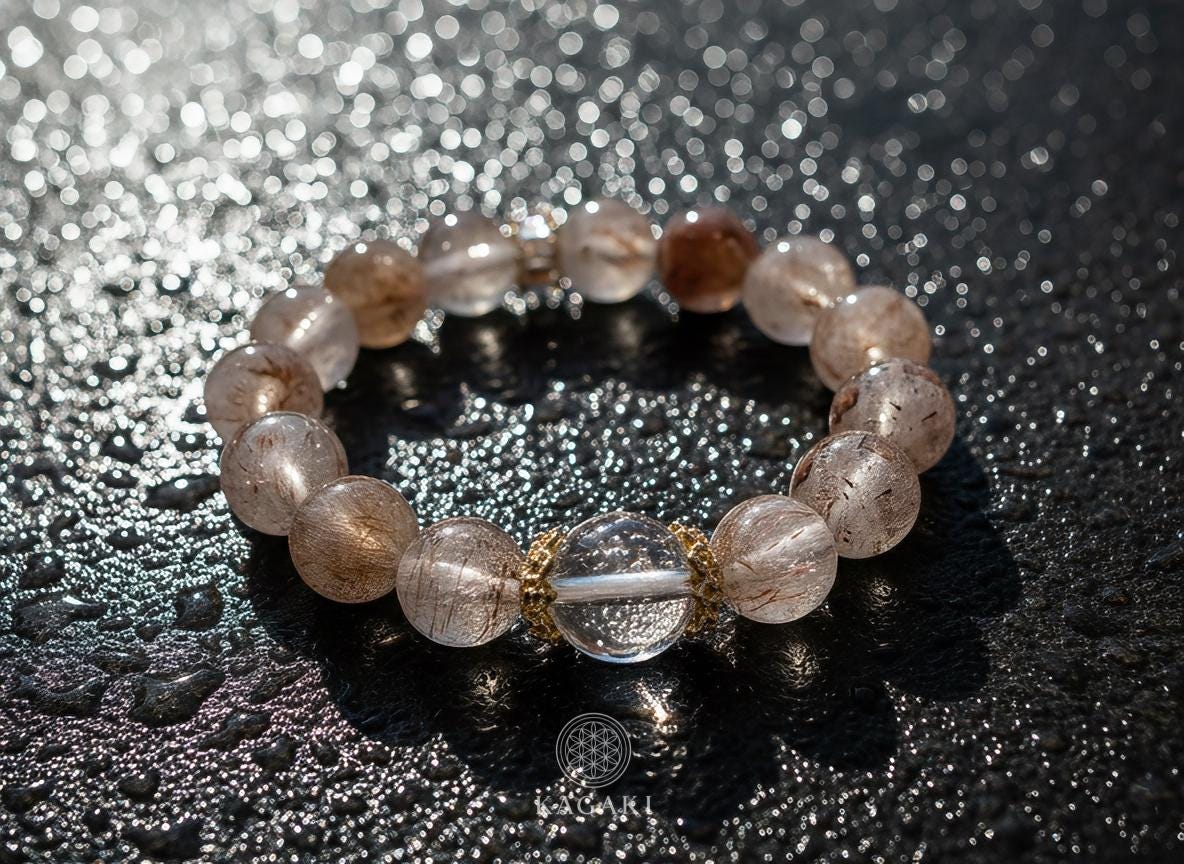 KAGAKI tourmalinated quartz bracelet in clear quartz with black tourmaline inclusions, bead detail, for meditation and daily intention