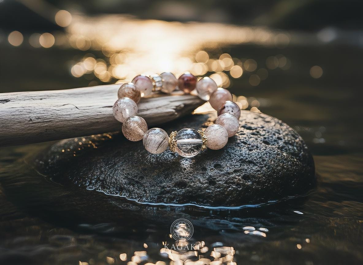 KAGAKI tourmalinated quartz bracelet in clear quartz with black tourmaline inclusions, editorial, for meditation and daily intention