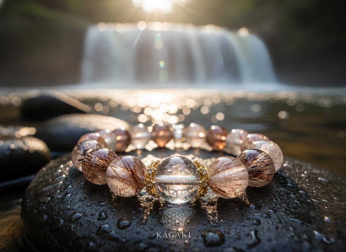 KAGAKI tourmalinated quartz bracelet in clear quartz with black tourmaline inclusions, gift packaging, for meditation and daily intention