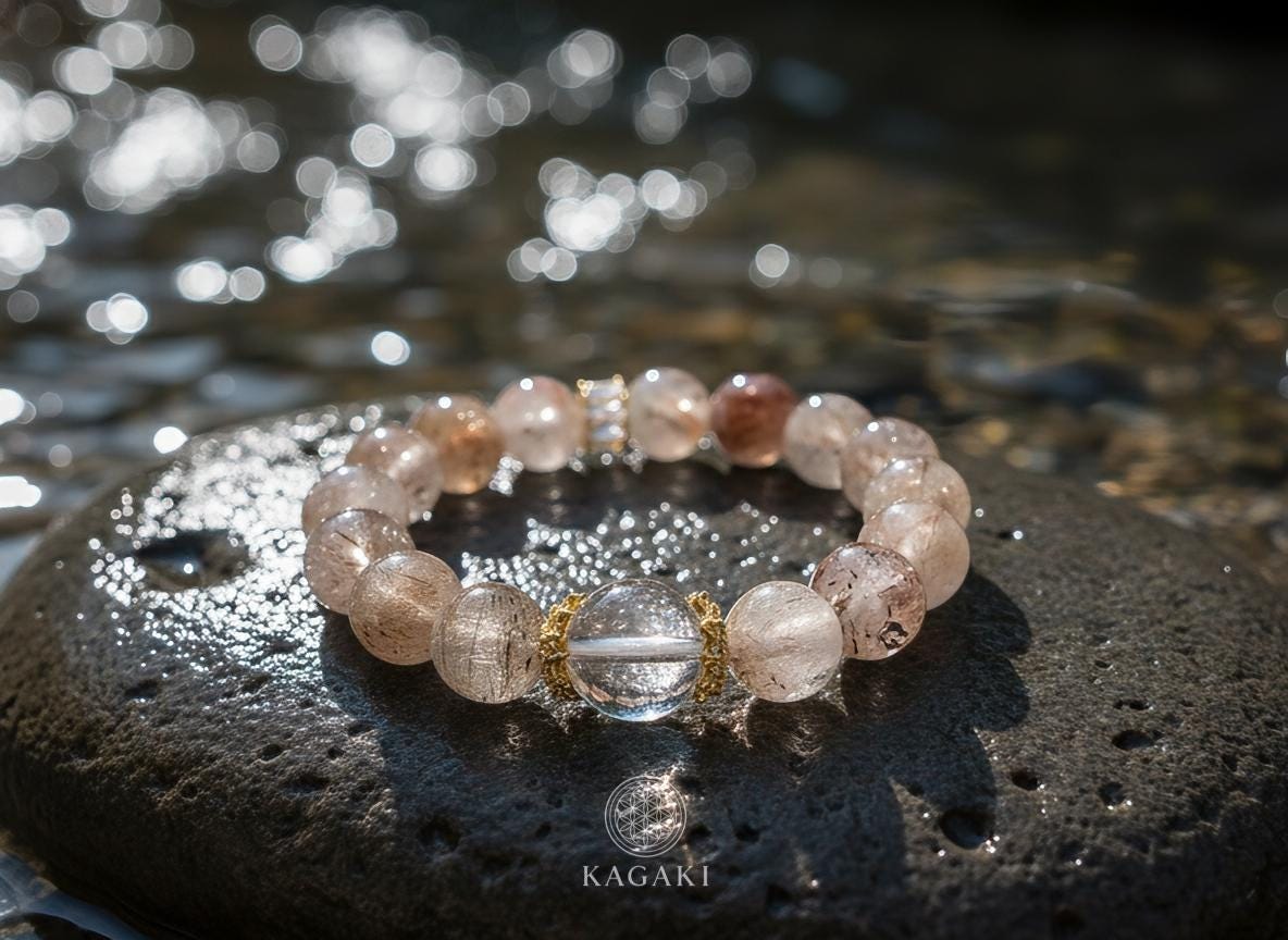KAGAKI tourmalinated quartz bracelet in clear quartz with black tourmaline inclusions, on wrist, for meditation and daily intention
