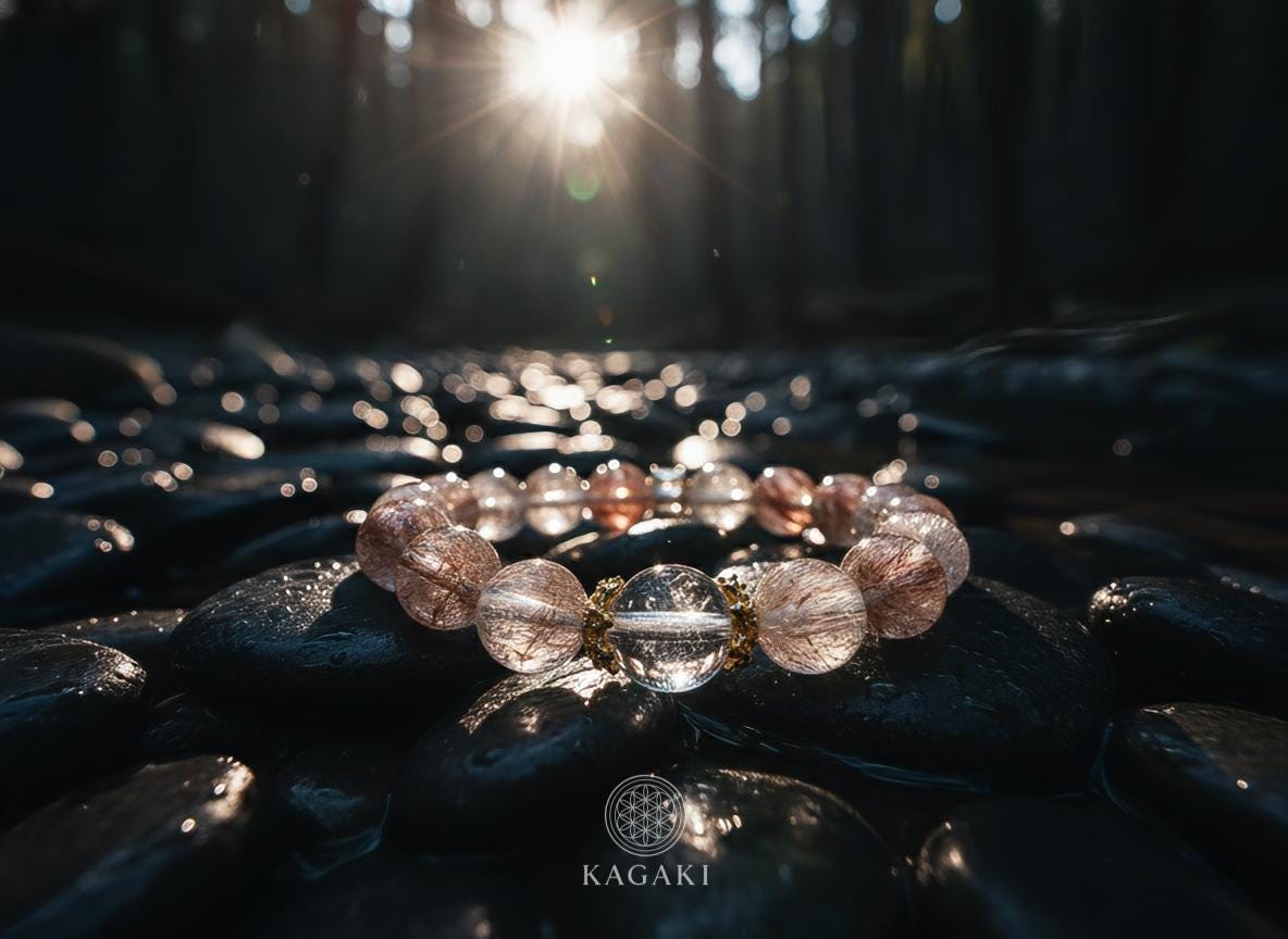 KAGAKI tourmalinated quartz bracelet in clear quartz with black tourmaline inclusions, packaging detail, for meditation and daily intention