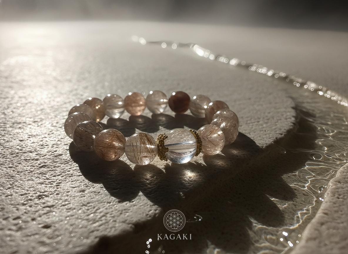 KAGAKI tourmalinated quartz bracelet in clear quartz with black tourmaline inclusions, stone close up, for meditation and daily intention