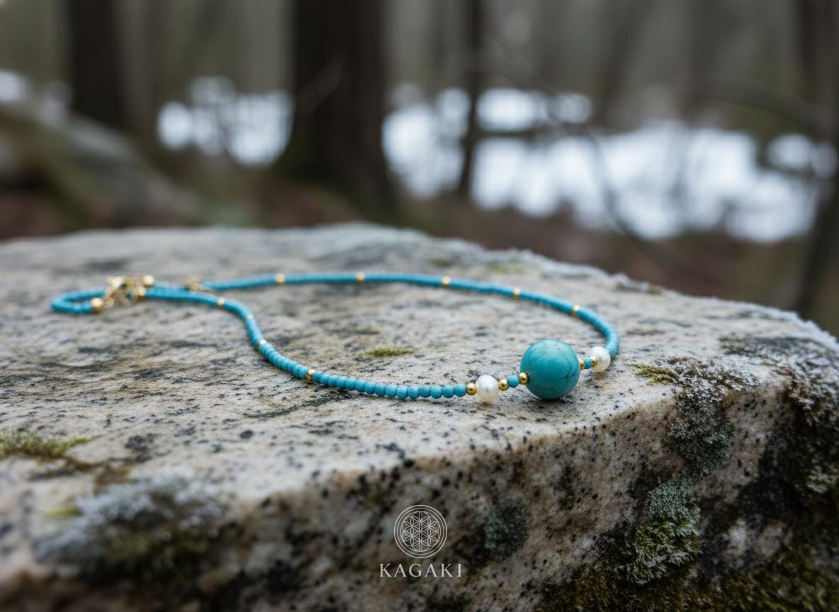 KAGAKI turquoise jade beaded necklace in turquoise blue with jade, alternate angle, for daily wear and gifting