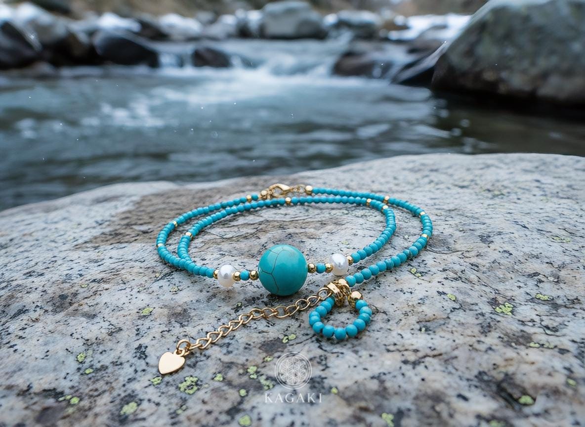KAGAKI turquoise jade beaded necklace in turquoise blue with jade, on neck, for daily wear and gifting