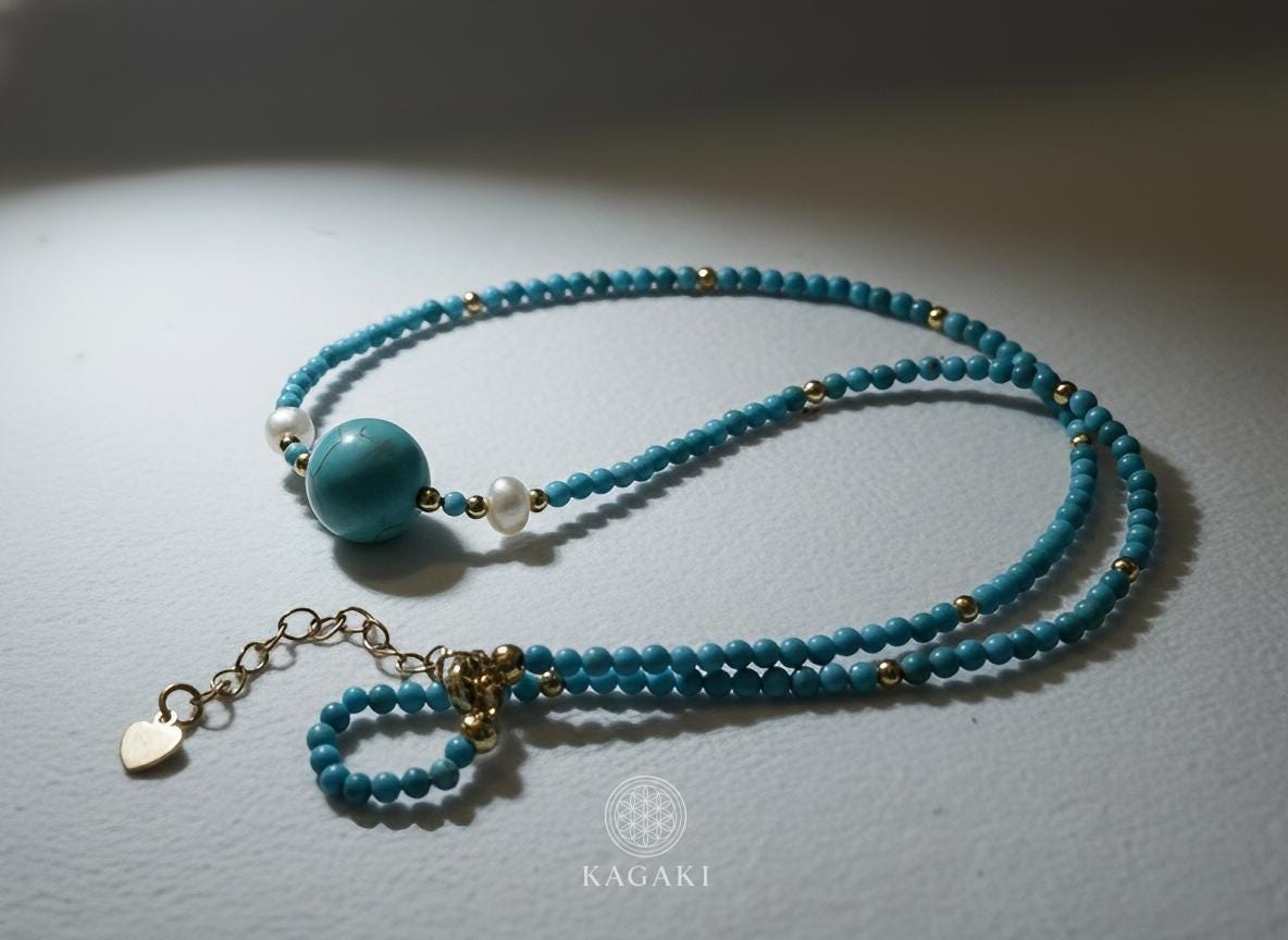 KAGAKI turquoise jade beaded necklace in turquoise blue with jade, profile view, for daily wear and gifting