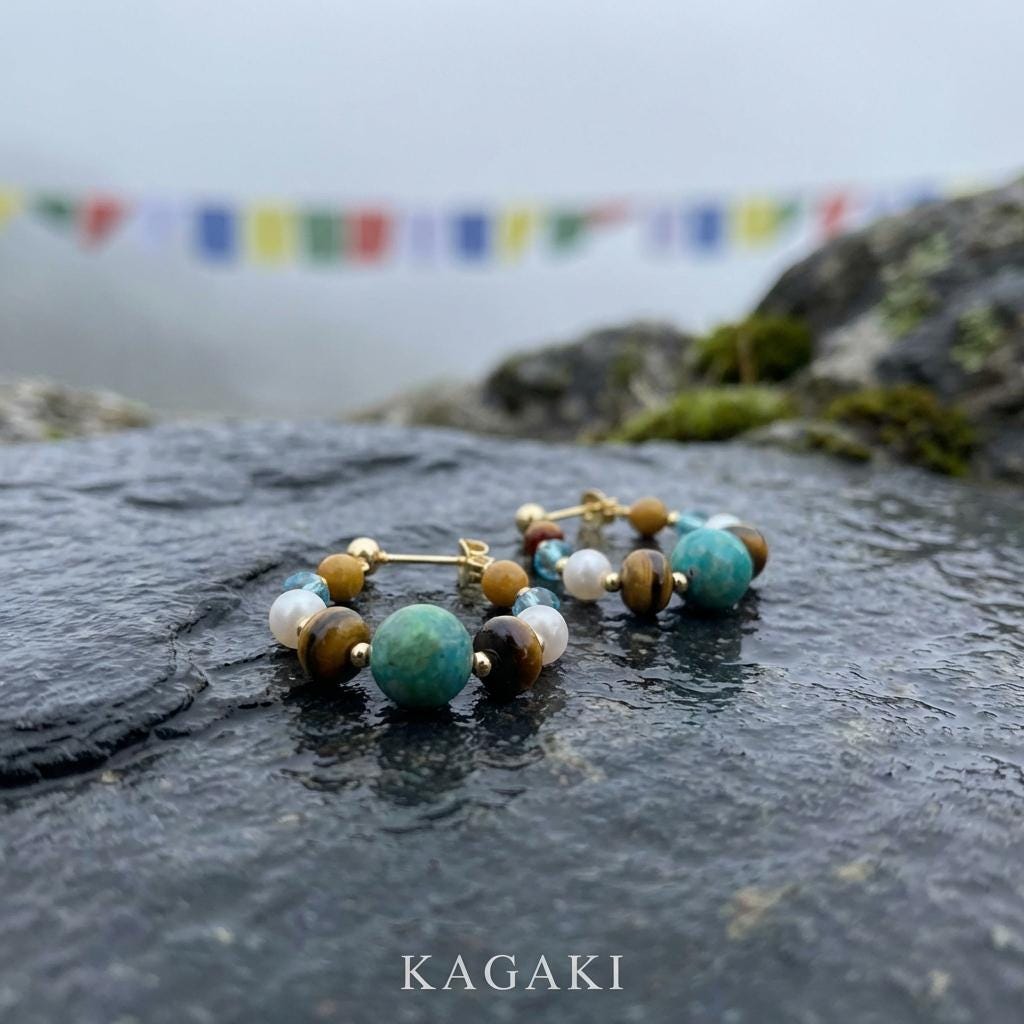KAGAKI turquoise tiger eye pearl hoop earrings in turquoise blue, tiger-eye gold, pearl, alternate angle, for daily wear and gifting