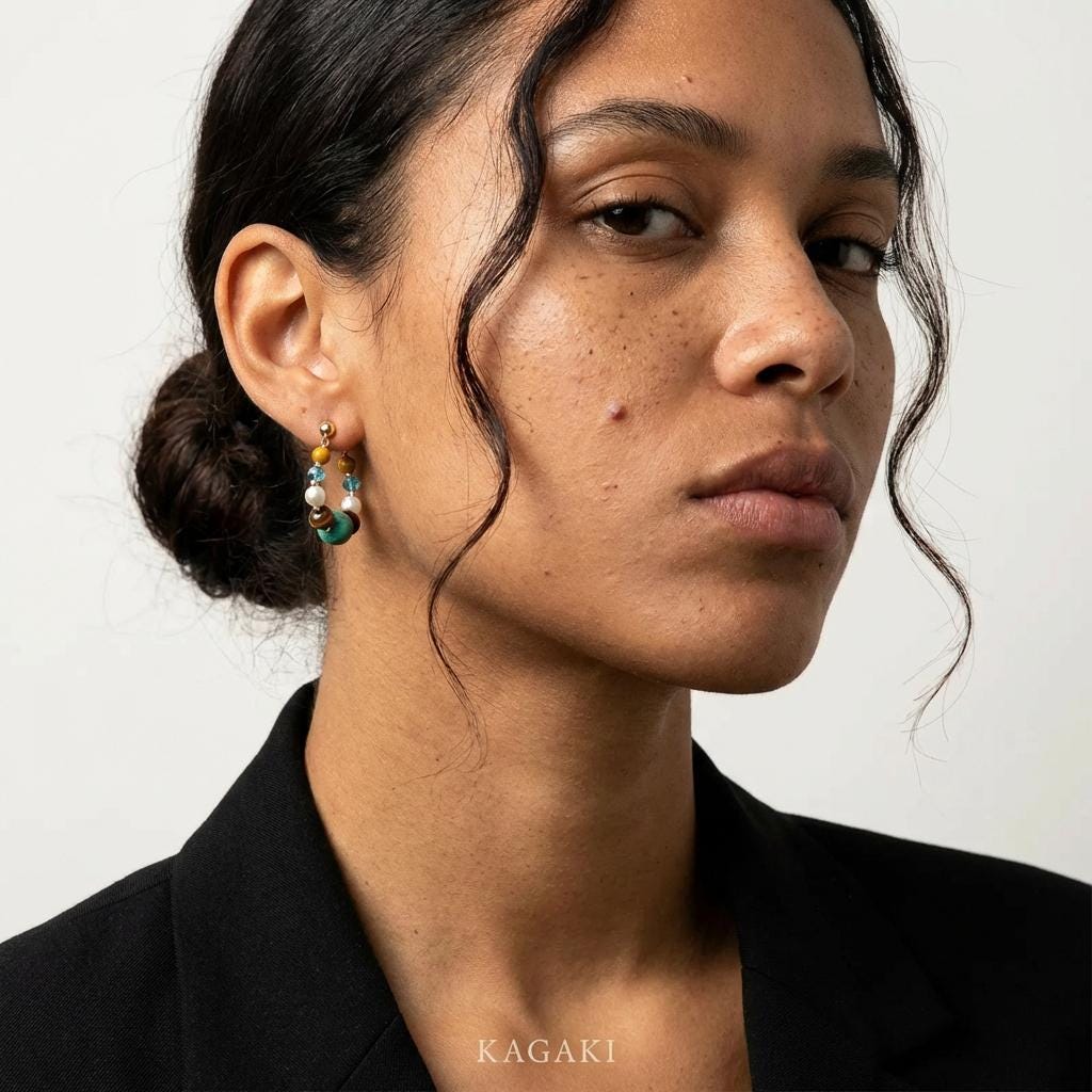 KAGAKI turquoise tiger eye pearl hoop earrings in turquoise blue, tiger-eye gold, pearl, flat lay, for daily wear and gifting