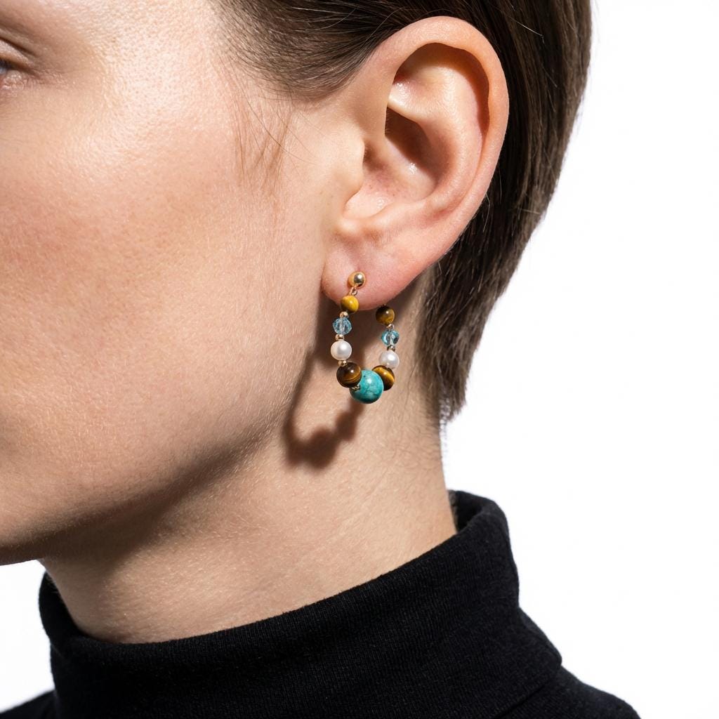 KAGAKI turquoise tiger eye pearl hoop earrings in turquoise blue, tiger-eye gold, pearl, gift packaging, for daily wear and gifting