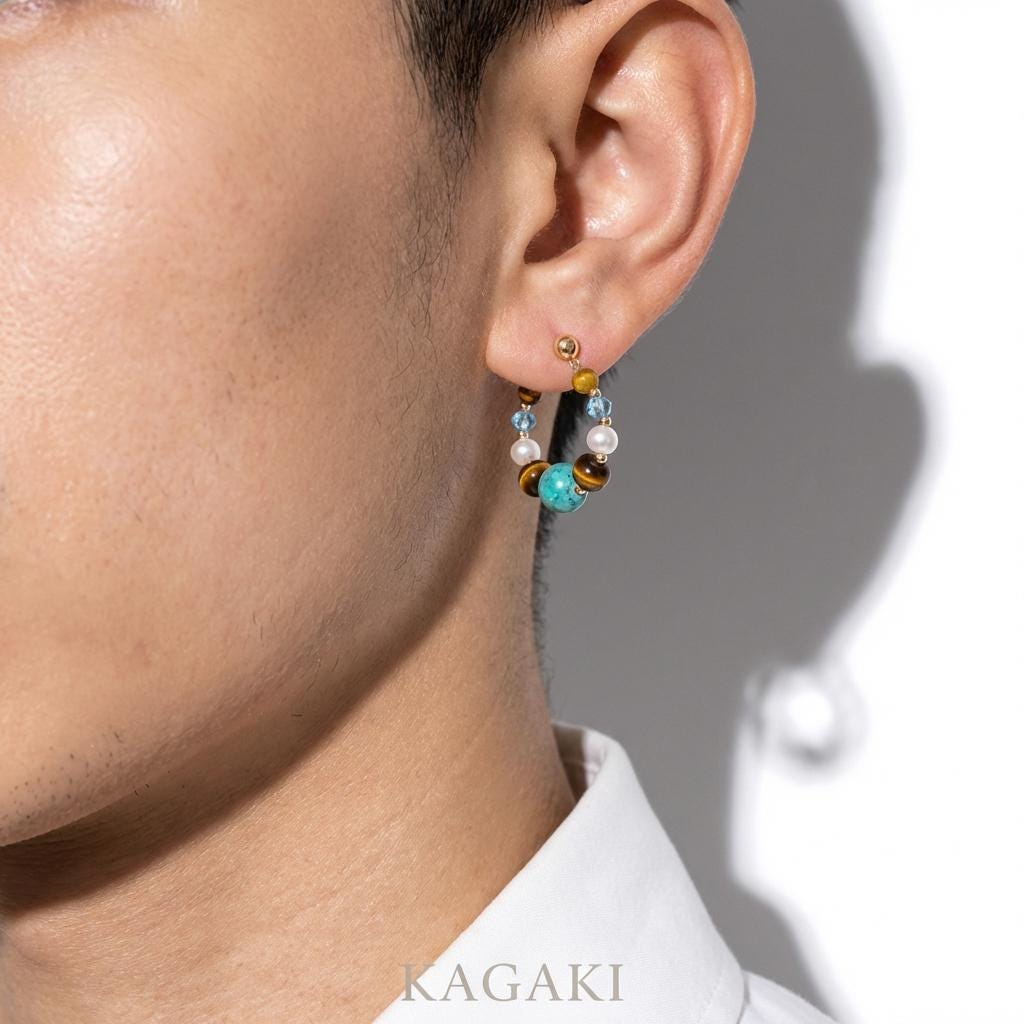 KAGAKI turquoise tiger eye pearl hoop earrings in turquoise blue, tiger-eye gold, pearl, material detail, for daily wear and gifting