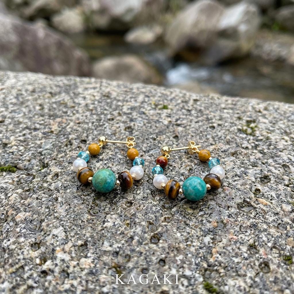 KAGAKI turquoise tiger eye pearl hoop earrings in turquoise blue, tiger-eye gold, pearl, on ear, for daily wear and gifting