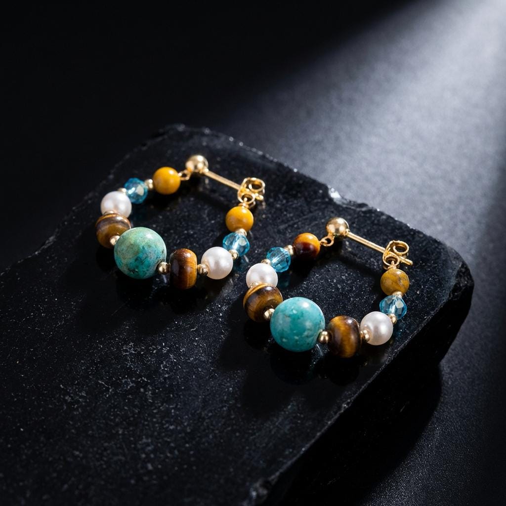 KAGAKI turquoise tiger eye pearl hoop earrings in turquoise blue, tiger-eye gold, pearl, profile view, for daily wear and gifting
