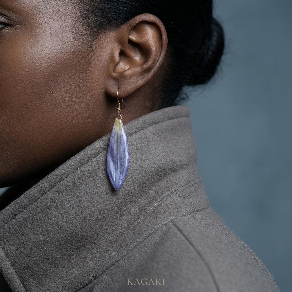 KAGAKI water lily resin floral earrings in purple floral with resin, flat lay, for daily wear and gifting