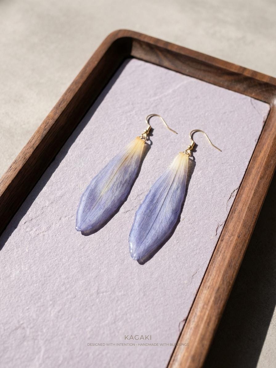 KAGAKI water lily resin floral earrings in purple floral with resin, profile view, for daily wear and gifting